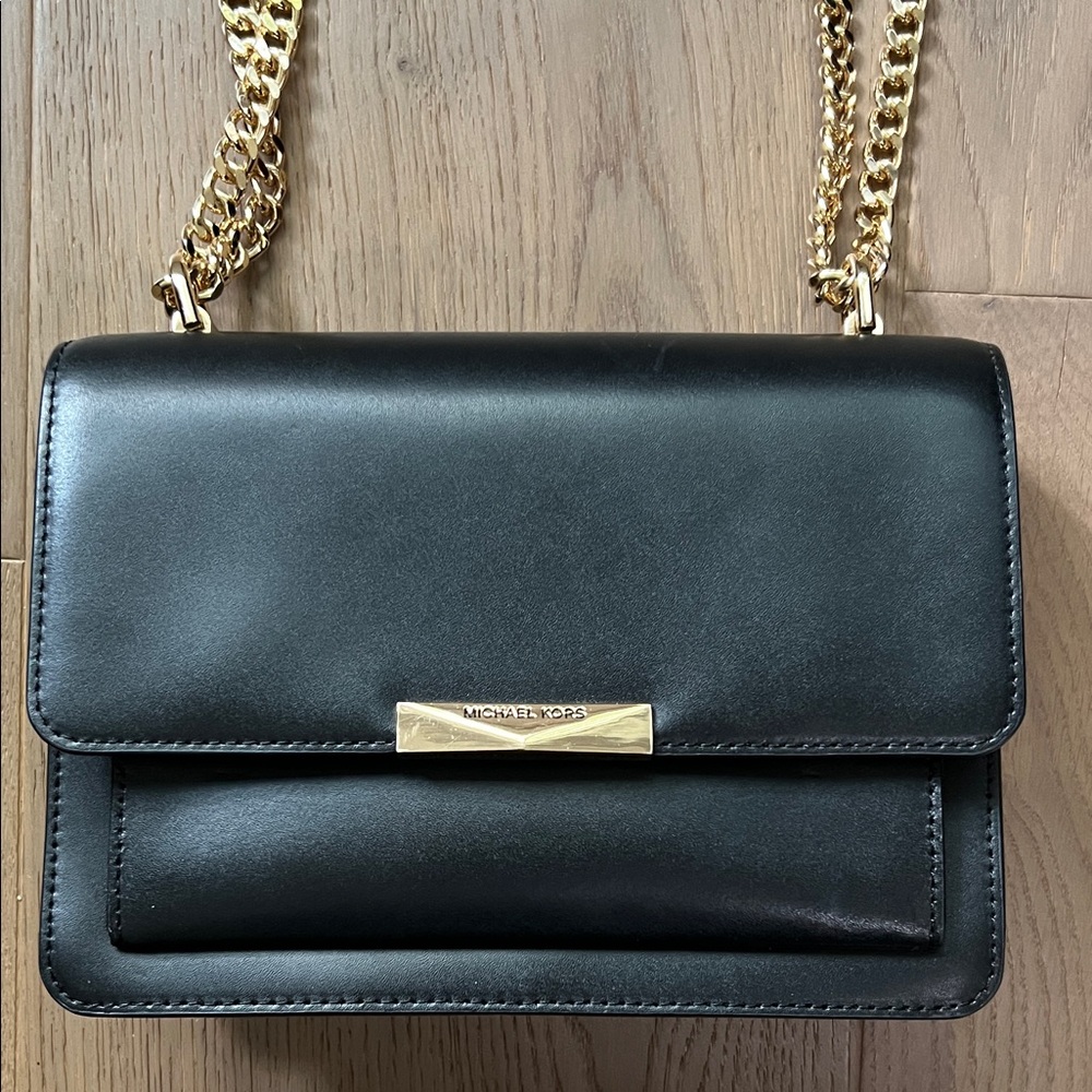Michael Kors Black Leather Crossbody with Gold Chain
